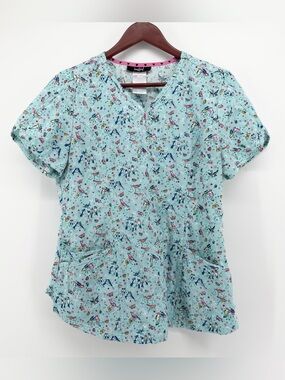 HeartSoul Medium HS643 Embroidered Birds Butterflies Mock Wrap V Neck Scrub Top